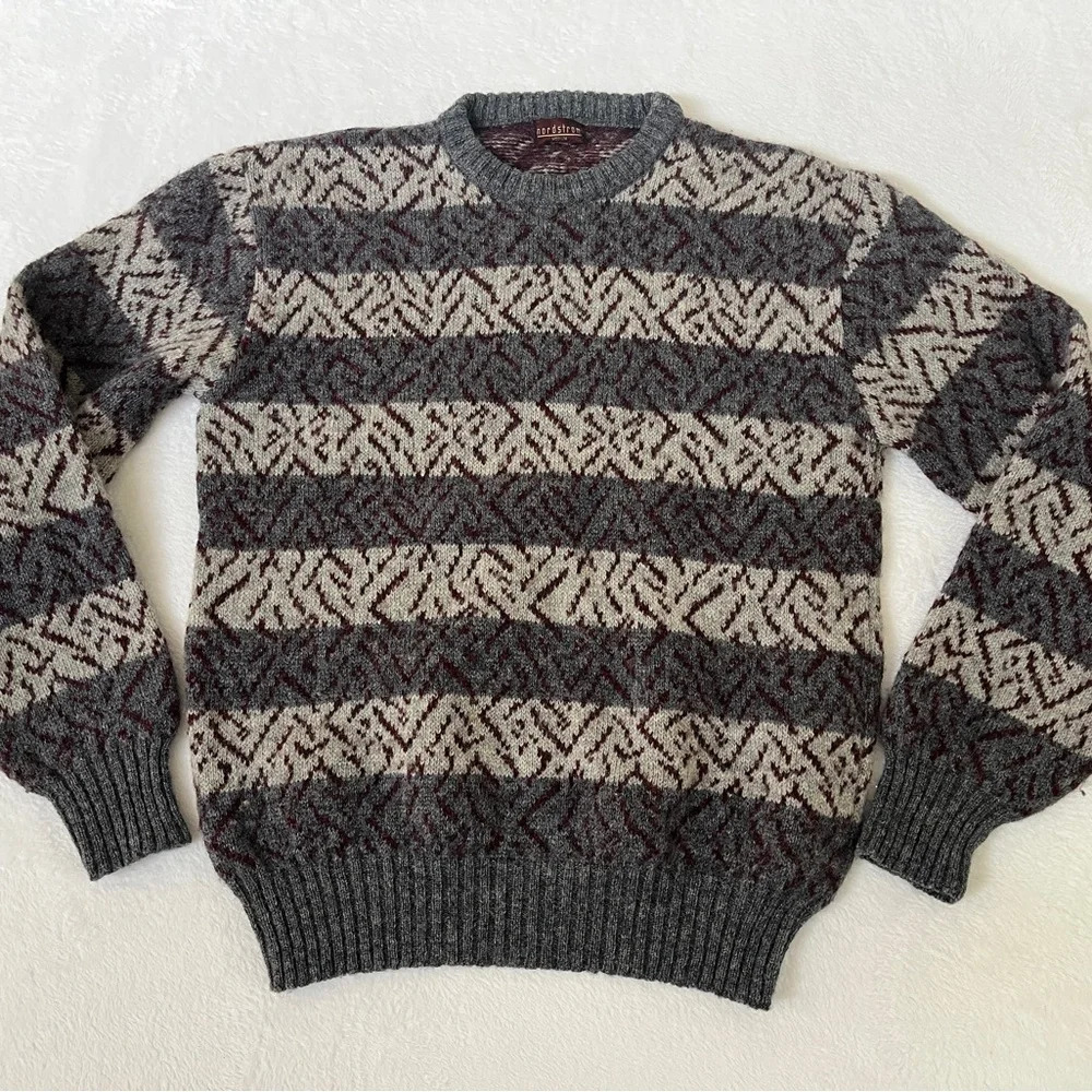 VTG Sz M Nordstrom 100% Wool Eclectic Grandpa Sweater Geometric Stripes Cosby